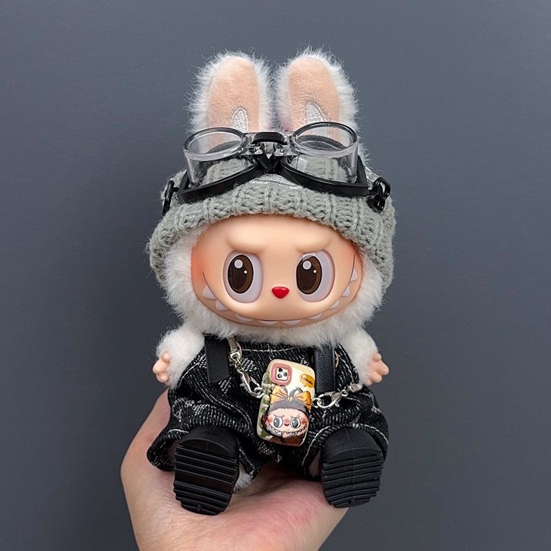 Labubu wearing a trendy street-style black outfit