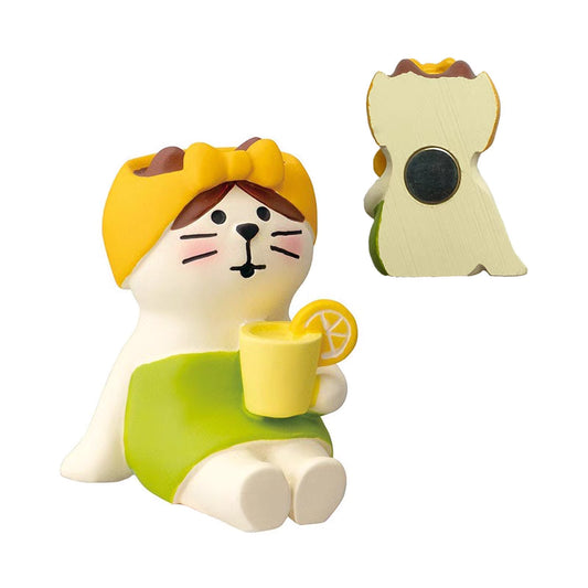 Cute cat fridge magnet holding a cup of refreshing yuzu tea