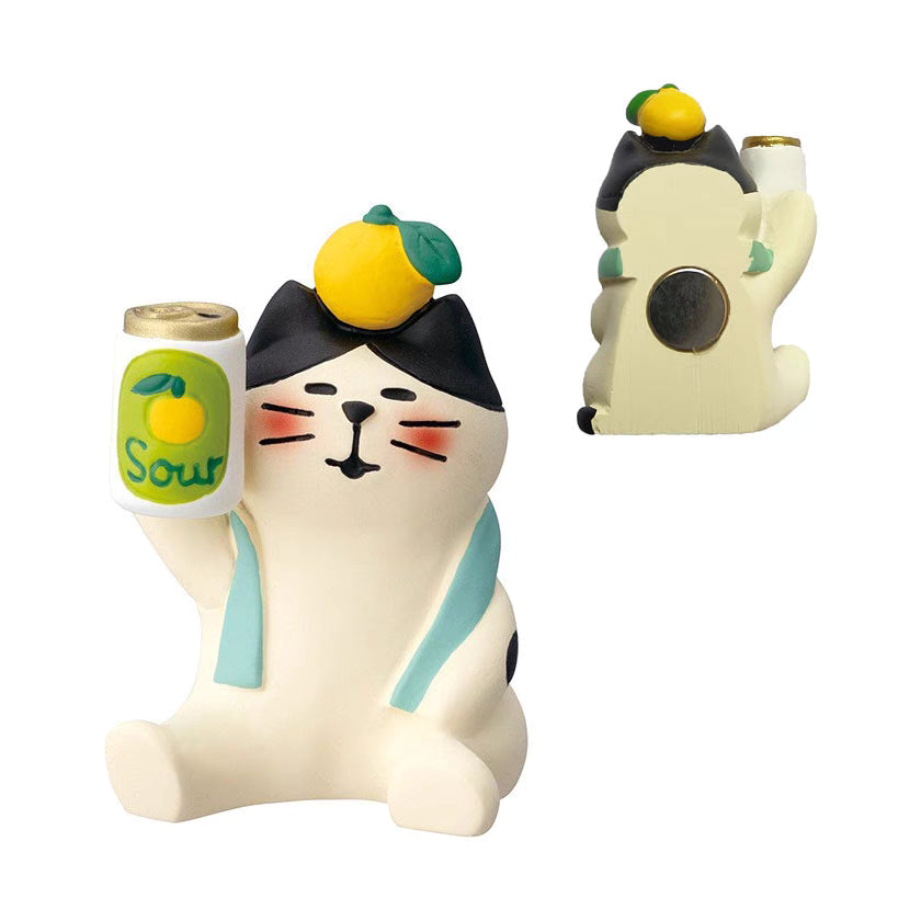 Adorable cat fridge magnet toasting with a glass of yuzu drink