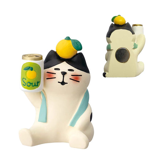 Adorable cat fridge magnet toasting with a glass of yuzu drink