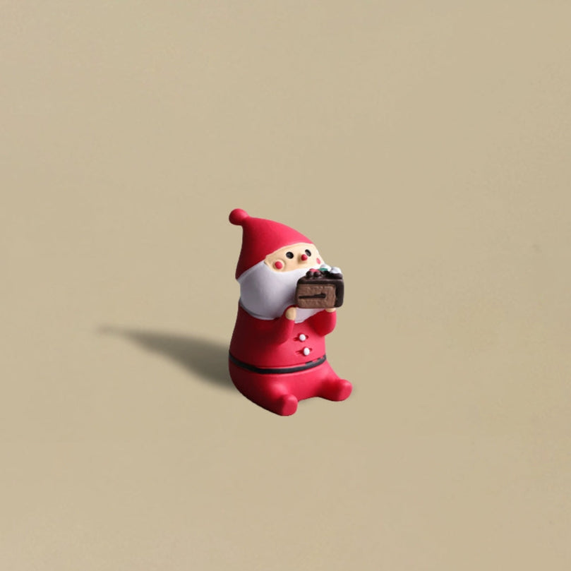 Santa Claus happily eating a delicious chocolate cake, festive holiday decoration.