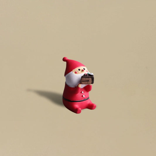 Santa Claus happily eating a delicious chocolate cake, festive holiday decoration.