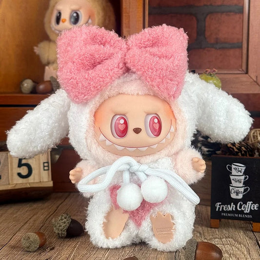 Labubu wearing a cute bunny outfit with floppy ears