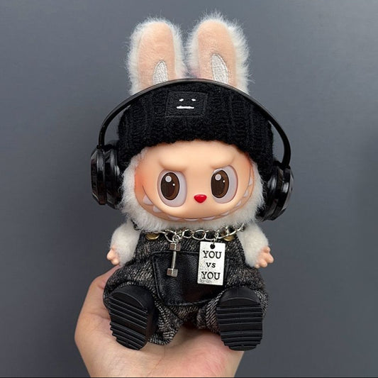 Labubu dressed as a stylish fashion agent in black