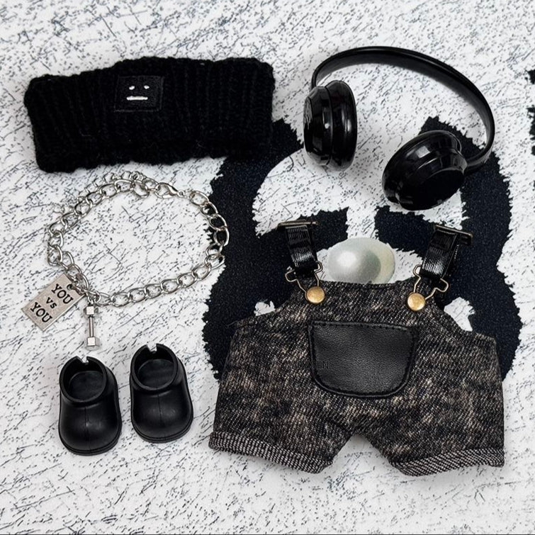 Labubu dressed as a stylish fashion agent in black