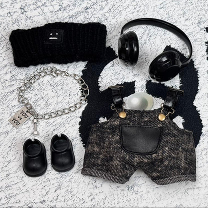 Labubu dressed as a stylish fashion agent in black