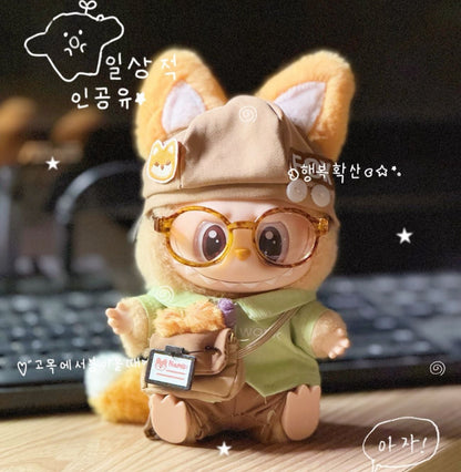 Labubu dressed as an office fox wearing a tie and work outfit