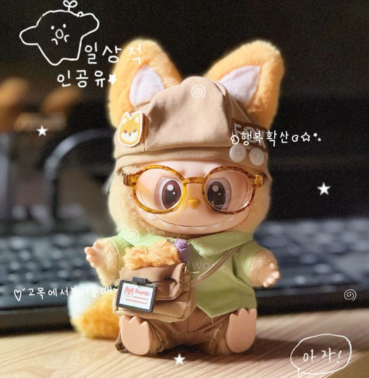 Labubu dressed as an office fox wearing a tie and work outfit