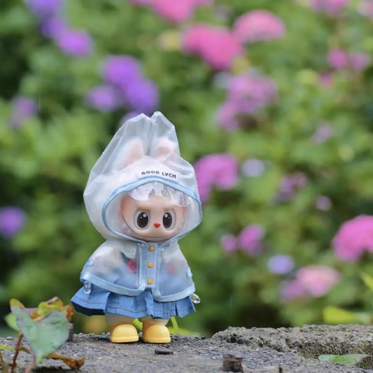 Labubu wearing an adorable raincoat on a rainy day