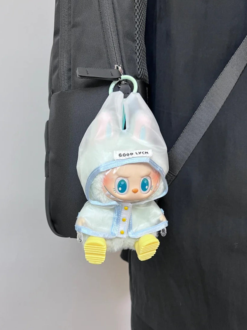Labubu wearing an adorable raincoat on a rainy day
