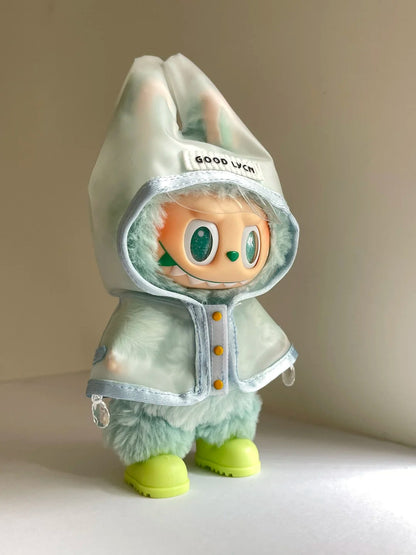 Labubu wearing an adorable raincoat on a rainy day