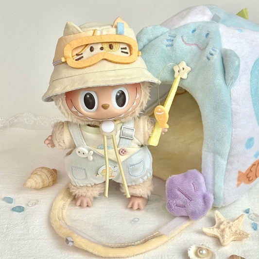Labubu in a seaside fishing outfit ready for adventure