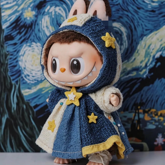 Labubu in a dreamy starry night outfit with celestial patterns