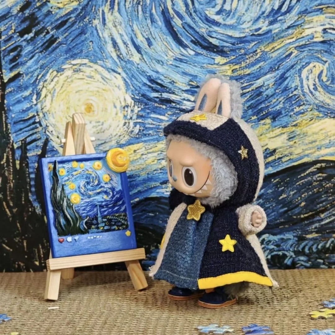 Labubu in a dreamy starry night outfit with celestial patterns