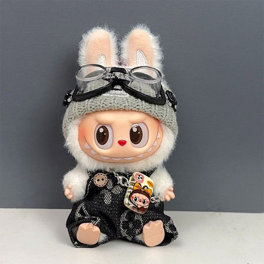 Labubu wearing a trendy street-style black outfit