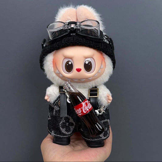 Labubu wearing a trendy street-style black outfit