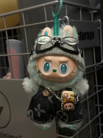 Labubu wearing a trendy street-style black outfit