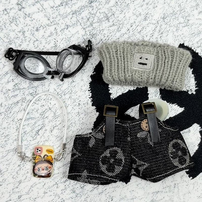 Labubu wearing a trendy street-style black outfit
