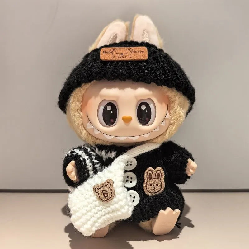 Labubu in a warm knitted winter outfit